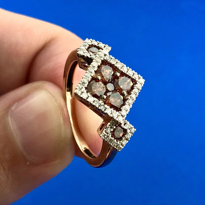 10k Rose Gold Champagne Diamond Ring with White Diamond Halo 9SQ