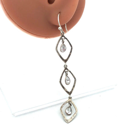 Estate 925 Sterling Silver Pear Cubic Zirconia CZ Oval Modernist Dangle Earrings