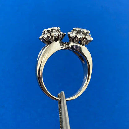 Vintage 18K White Gold Diamond Duo W/Halo Statement Bypass Ring