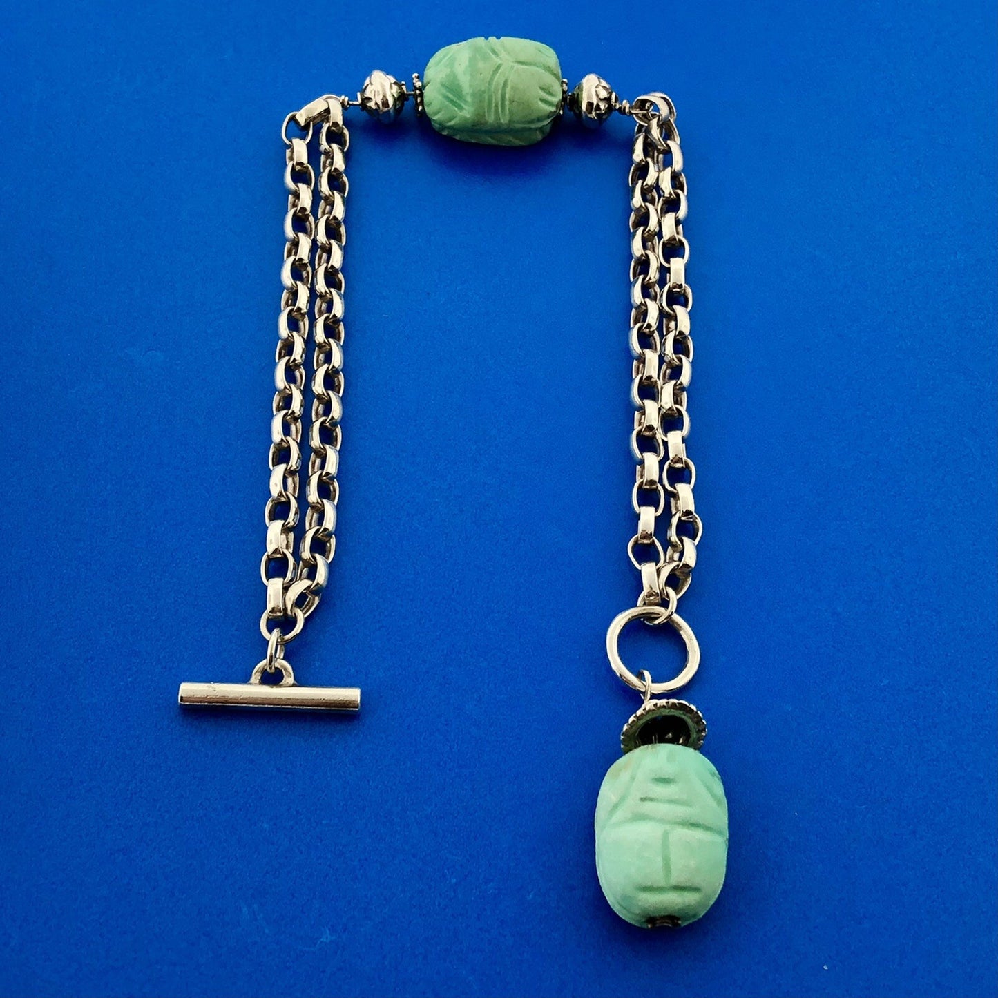 Vintage 925 Sterling Silver Carved Stone Scarab Beetle Oval Link Toggle Bracelet
