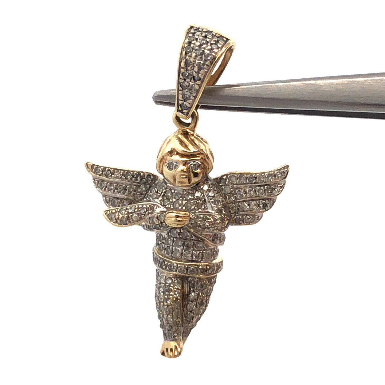 Designer 14K Yellow Gold Round Diamond 3D Cherub Angel Statement Pendant