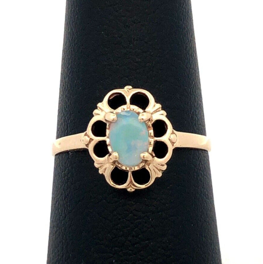 Estate 10K Yellow Gold Oval White Opal October Birthstone Anniversary Ring