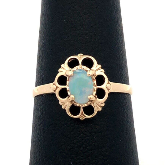 Estate 10K Yellow Gold Oval White Opal October Birthstone Anniversary Ring