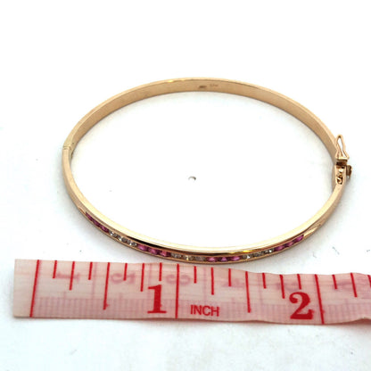 Designer 14K Yellow Gold Channel Set Round Ruby Diamond Hinged Bangle Bracelet