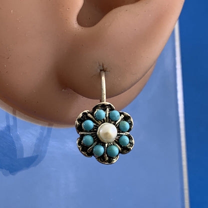 Designer By Simon Sterling Silver Turquoise Pearl Flower Lever Back Earrings