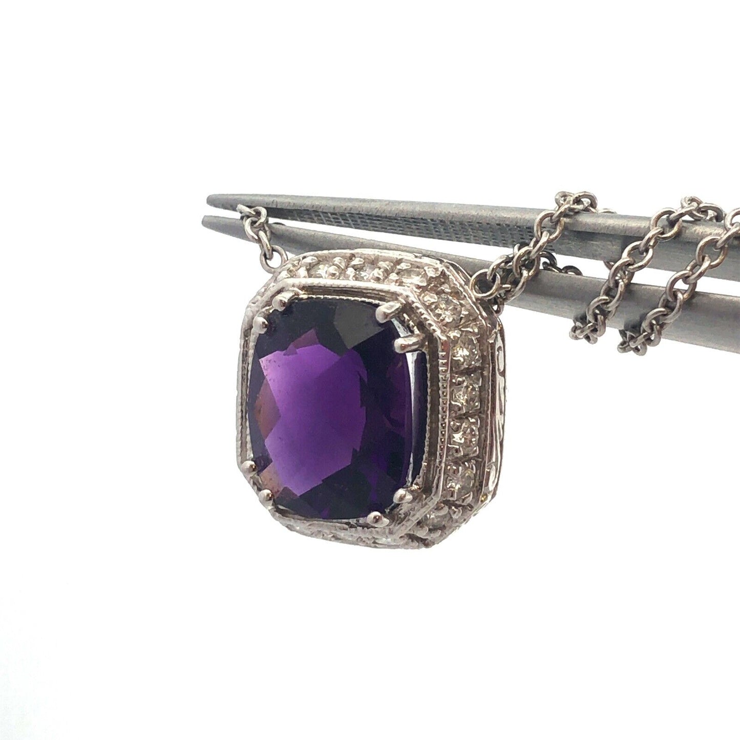 18k White Gold Faceted Purple Amethyst Diamond Accent 16.5" Chain Necklace