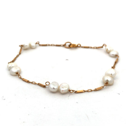 Estate 14K Yellow Gold White Pearl Beaded Station Bar Link Chain Bracelet