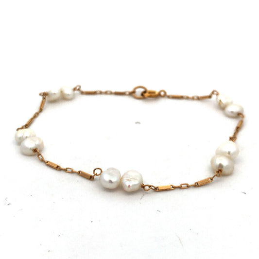 Estate 14K Yellow Gold White Pearl Beaded Station Bar Link Chain Bracelet