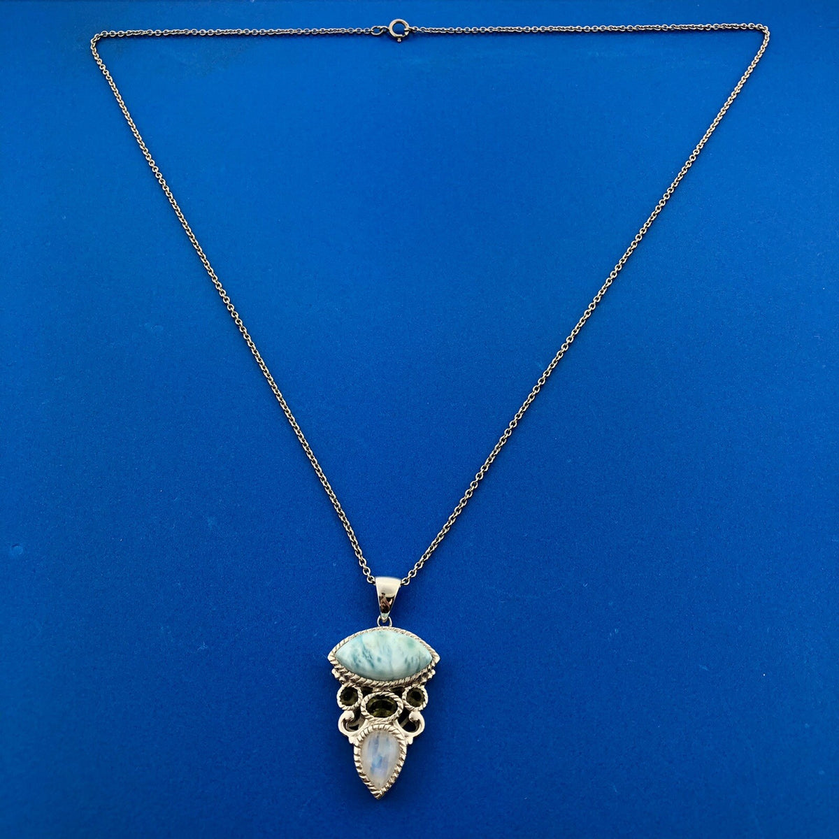 Designer Sterling Silver 925 Blue Agate Peridot Moonstone Drop Pendant Necklace