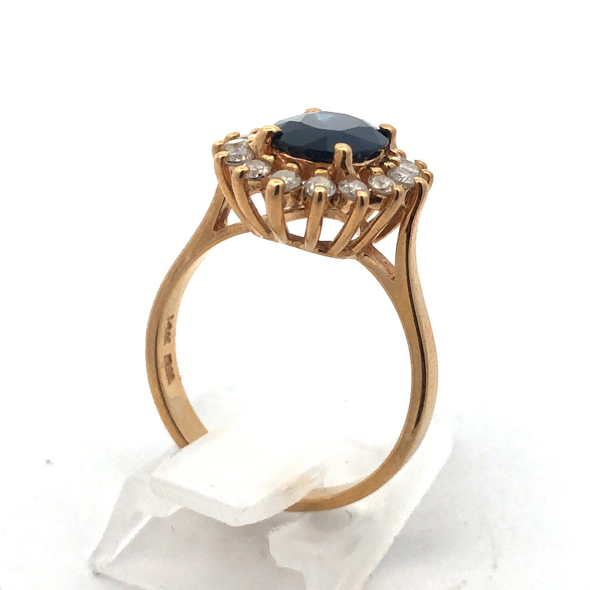 Designer 14K Yellow Gold Oval Blue Sapphire Diamond Halo Statement Cocktail Ring