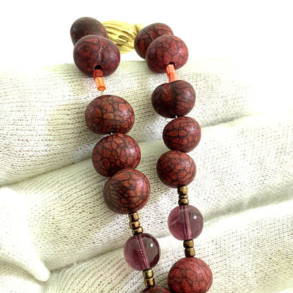 Artisan 14K Yellow Gold Amethyst Art Glass Wooden Mixed Bead Necklace