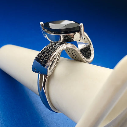 Designer DK 925 Sterling Silver Black Spinel Modernist Bow Statement Ring
