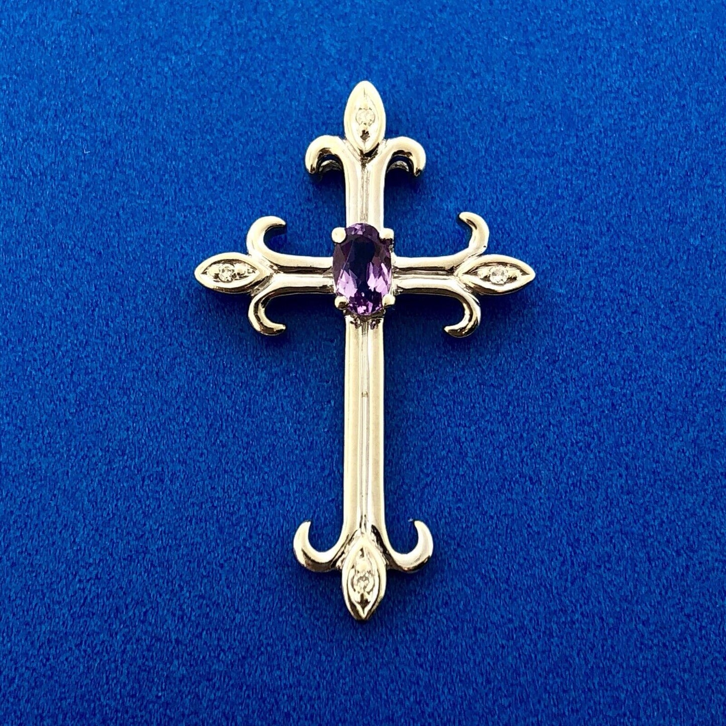 Designer 10K White Gold Amethyst Diamond Fleur De Lis Cross Religious Pendant