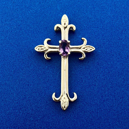 Designer 10K White Gold Amethyst Diamond Fleur De Lis Cross Religious Pendant