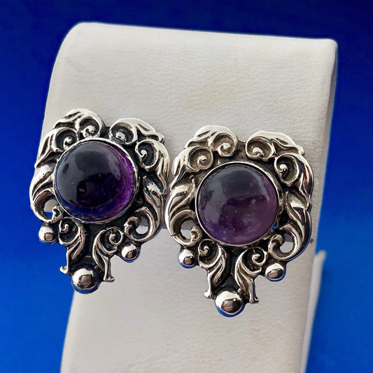 Taxco Ca 1940's ProSa Sterling Silver 925 Amethyst Ornate Screw Back Earrings