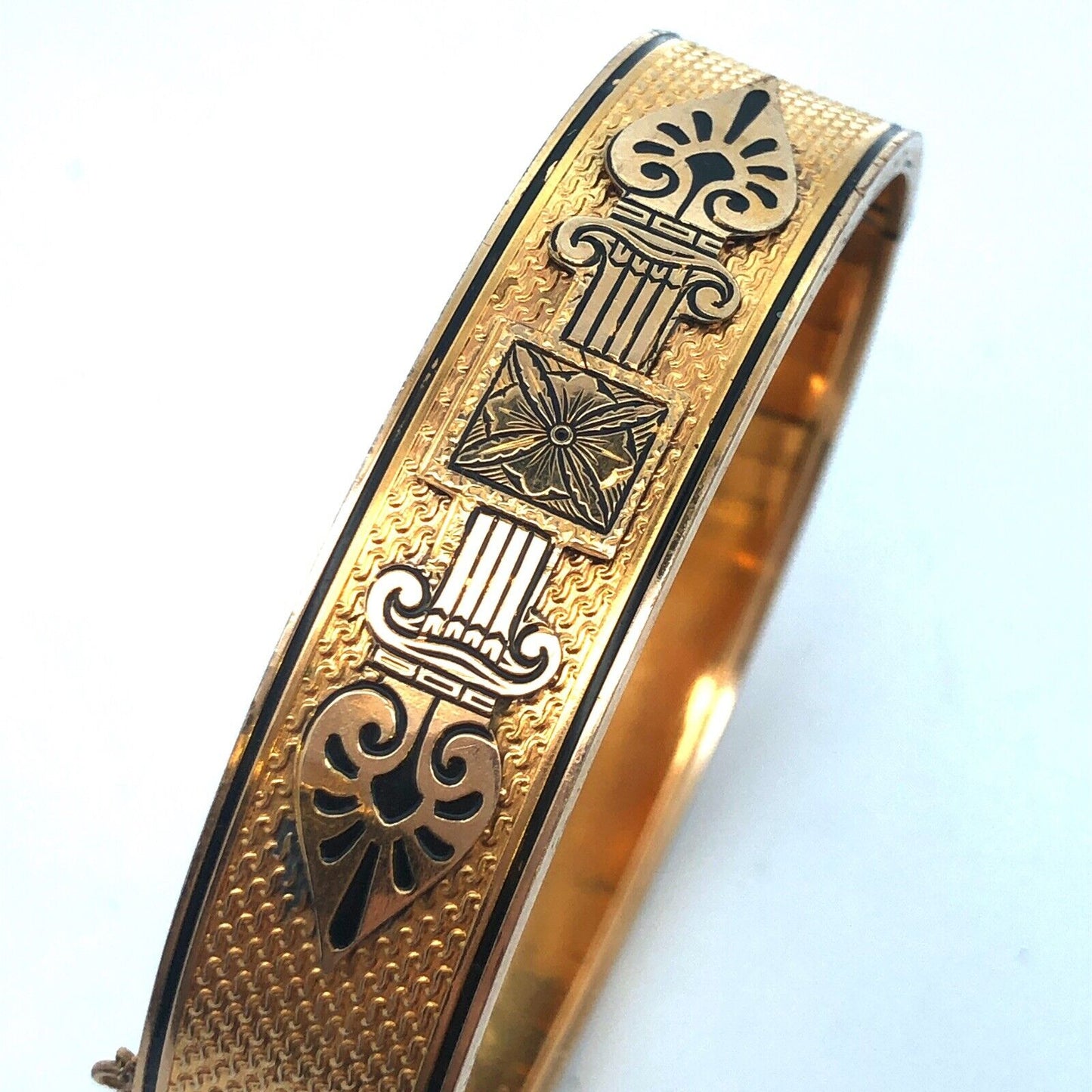 1930's Walter E Hayward 12K Yellow Gold Filled Black Enamel Hinged Cuff Bracelet