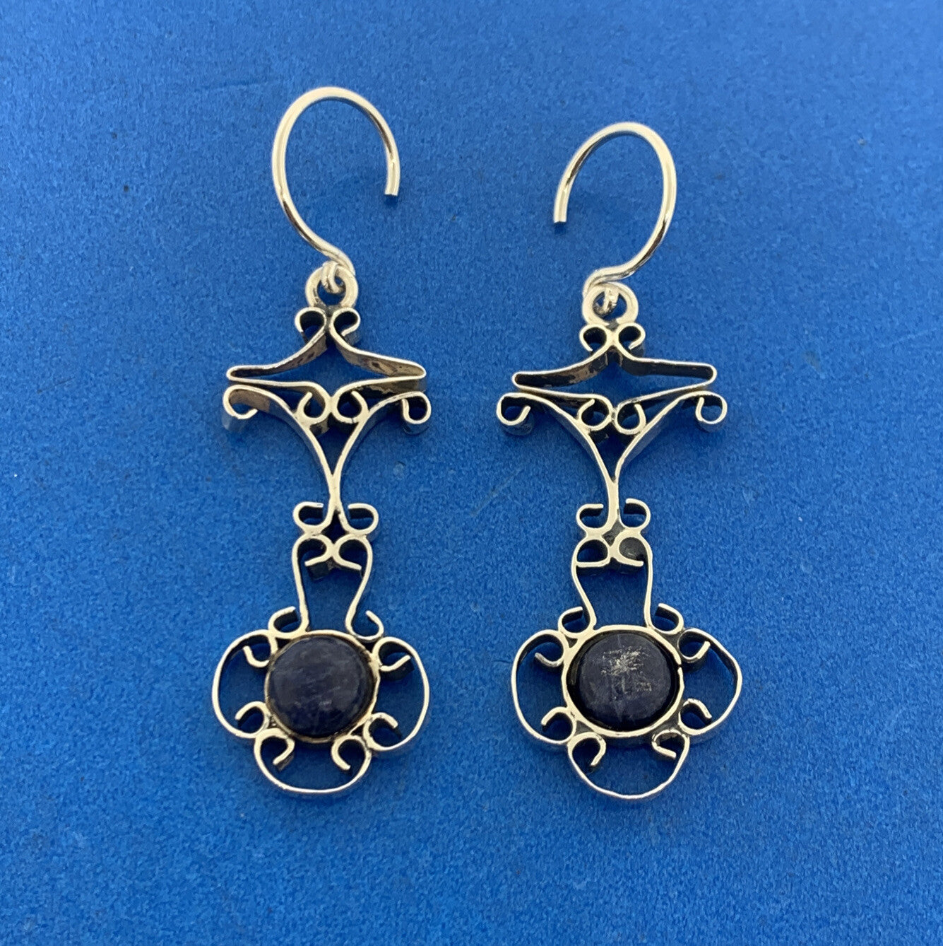 Vintage Navajo Running Bear Lapis Lazuli Hand Wrought Open Scroll Earrings