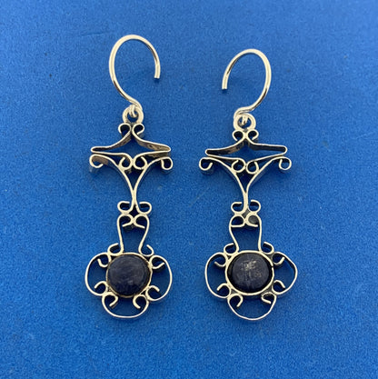 Vintage Navajo Running Bear Lapis Lazuli Hand Wrought Open Scroll Earrings