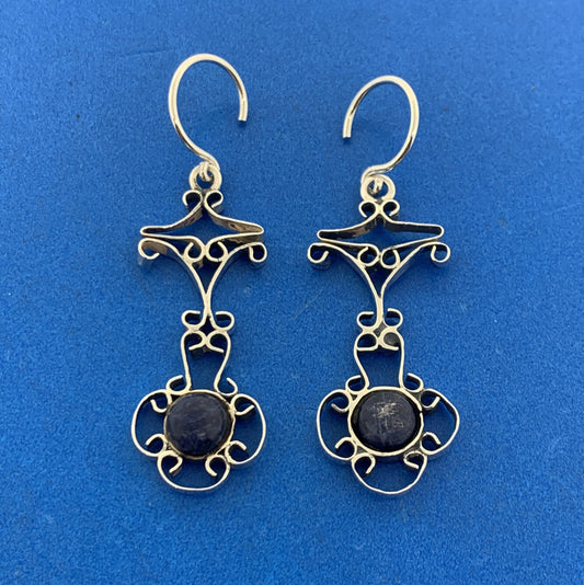 Vintage Navajo Running Bear Lapis Lazuli Hand Wrought Open Scroll Earrings