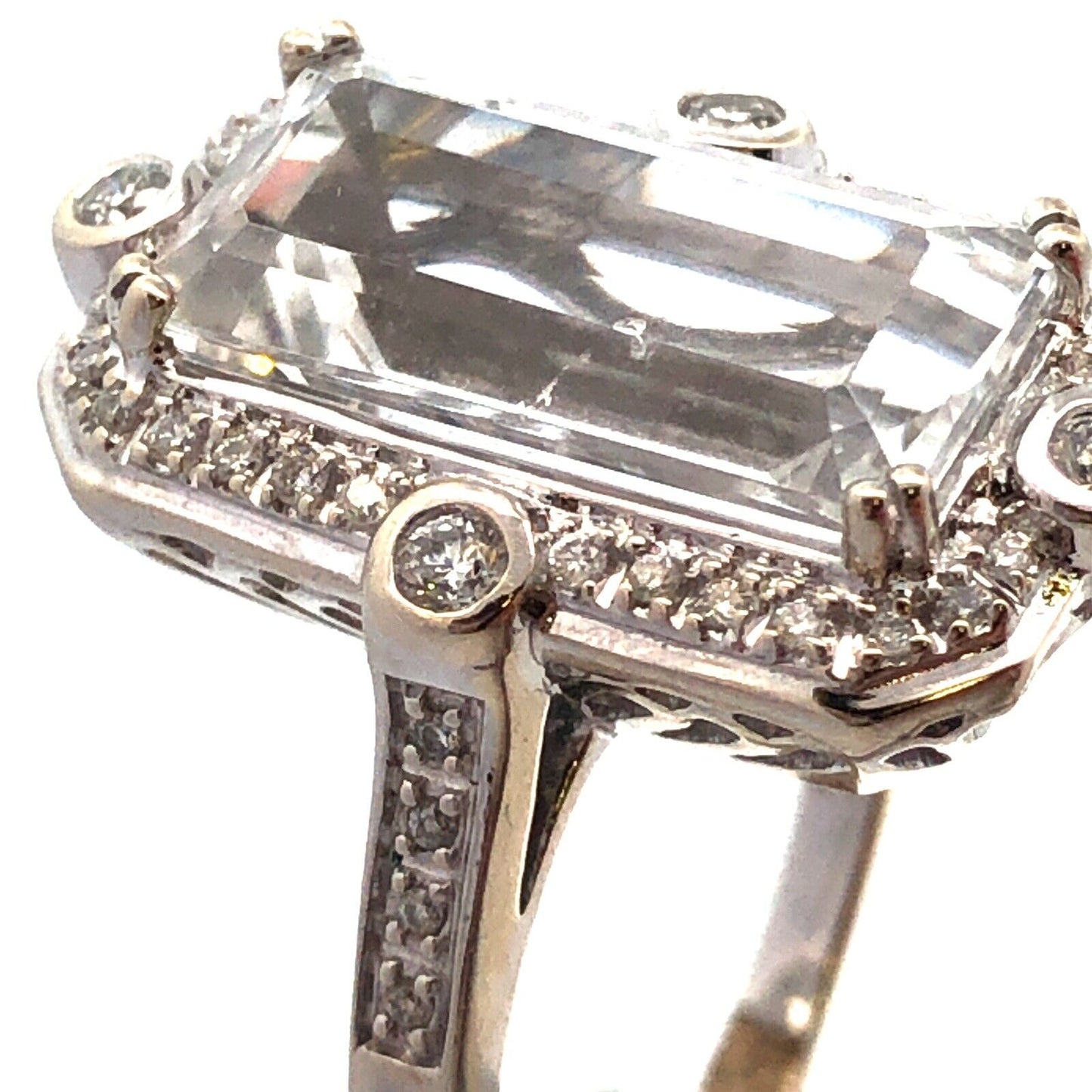 14K White Gold Designer White Topaz Diamond Accent Art Deco Style Statement Ring