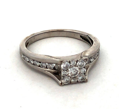 14K White Gold Round Diamond Cluster Square Engagement Anniversary Ring