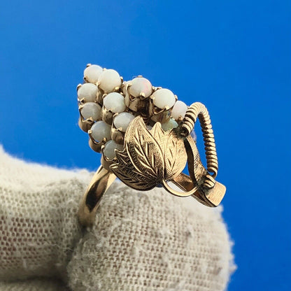 Gorgeous 14k Yellow Gold Cabochon White Opal Towering Grape Cluster Ring Size 3
