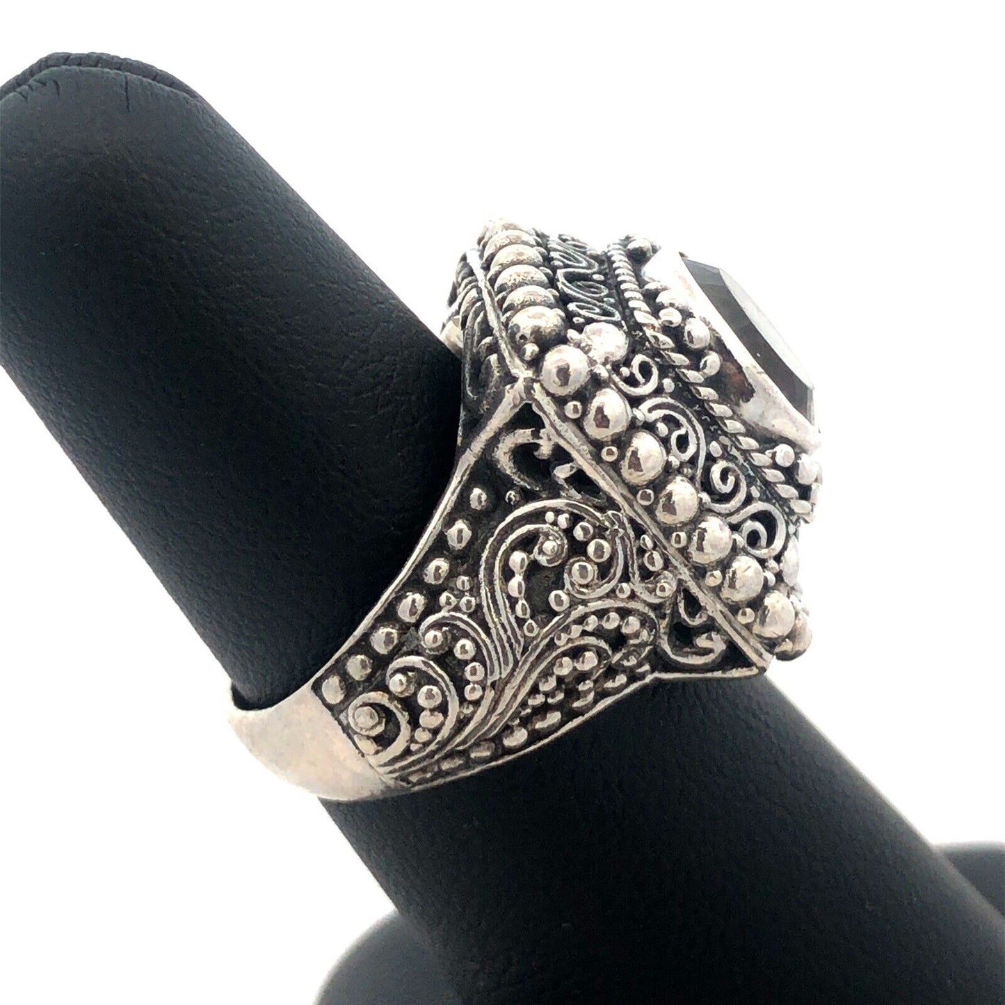 Designer Sarda 925 Sterling Silver Smoky Topa Filigree Square Statement Ring
