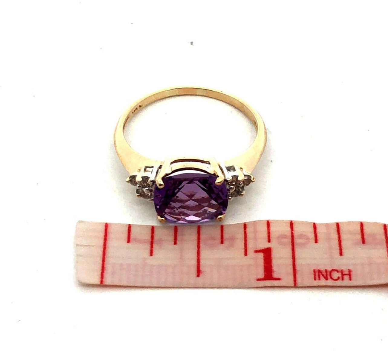 Designer AV 14K Yellow Gold Cushion Cut Purple Amethyst Solitaire Diamond Ring