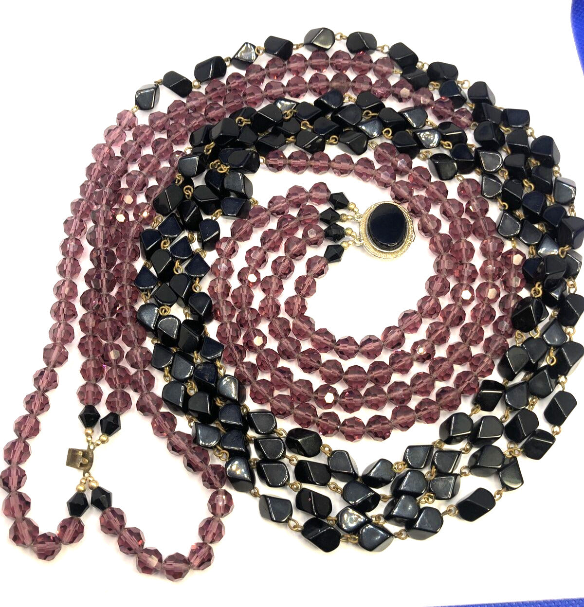 Vintage Art Deco 4-Strand Black Onyx Jet Amethyst Beaded Statement Necklace
