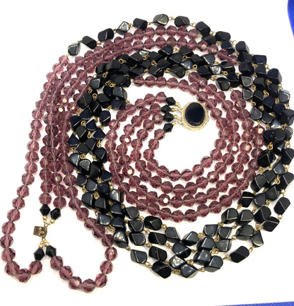 Vintage Art Deco 4-Strand Black Onyx Jet Amethyst Beaded Statement Necklace