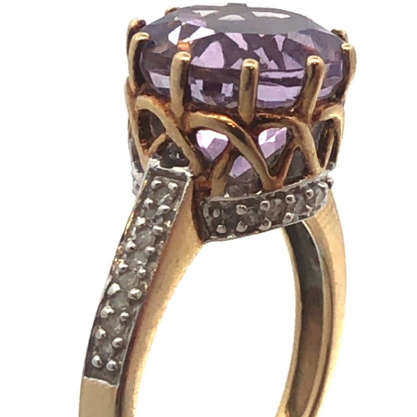 10K Yellow Gold Amethyst Cocktail Solitaire Diamond Accented Statement Ring