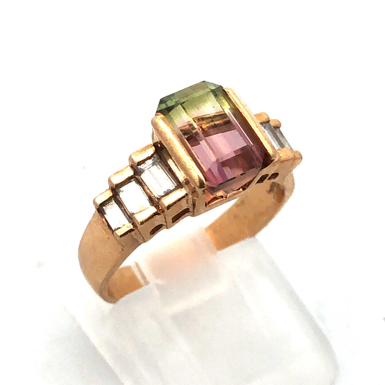 Vintage 14K Yellow Gold Watermelon Tourmaline Diamond Waterfall Cocktail Ring