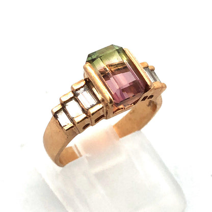 Vintage 14K Yellow Gold Watermelon Tourmaline Diamond Waterfall Cocktail Ring