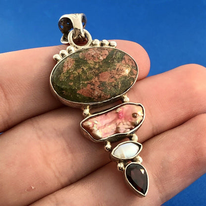 Sterling Silver 925 Unakite Mother Of Pearl Garnet Pearl Statement Pendant