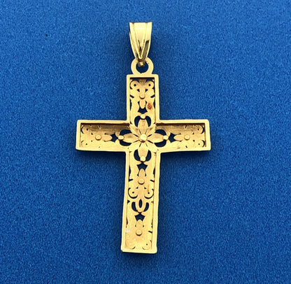 Gorgeous 14k Yellow Gold Openwork Religious Faith Floral Cross Dangle Pendant