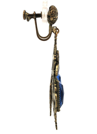 Antique Silver Tone Blue Glass Enamel Floral Scroll Dangle Screw Back Earrings
