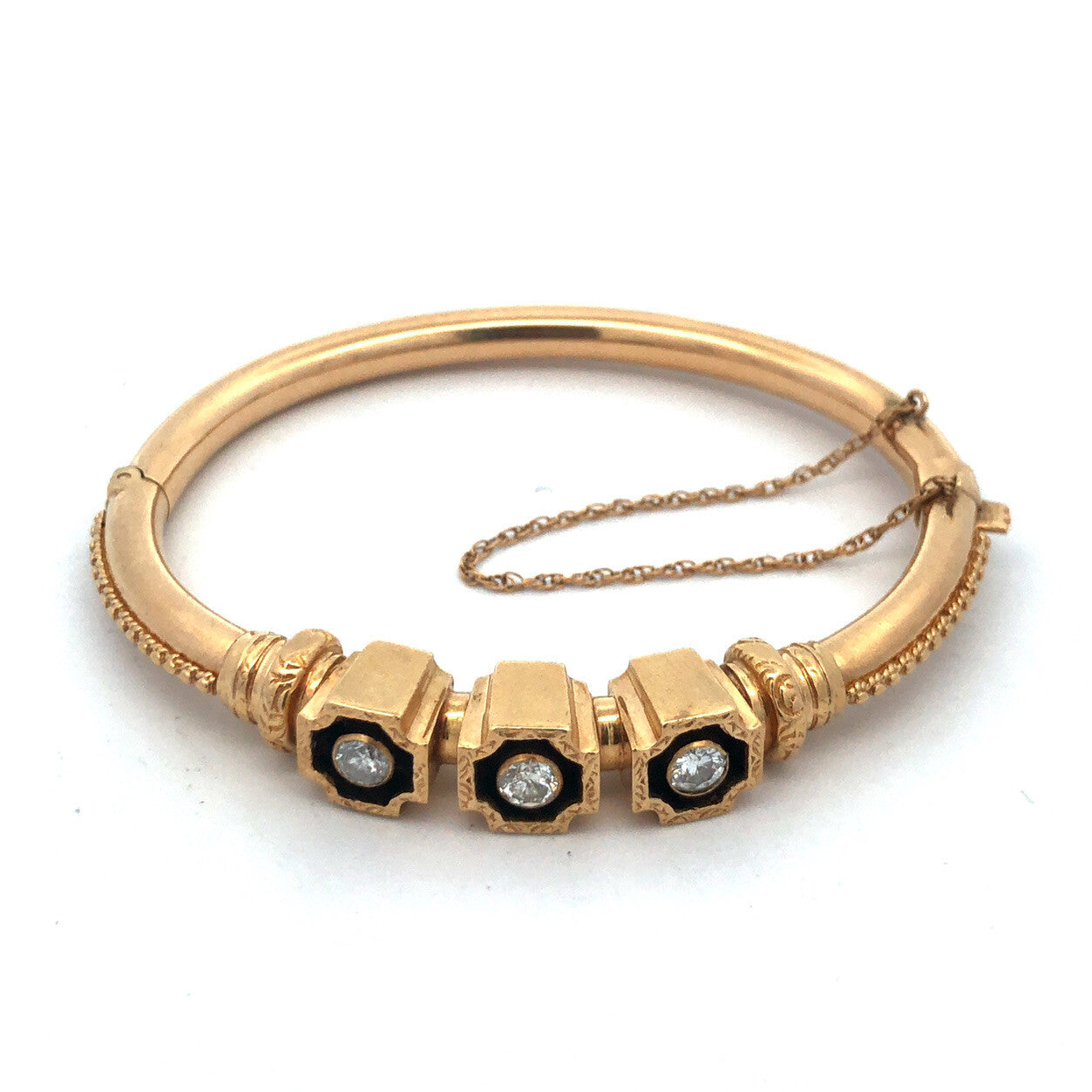 Stunning Designer 1930s Etruscan 14k Yellow Gold Diamond Bangle Bracelet