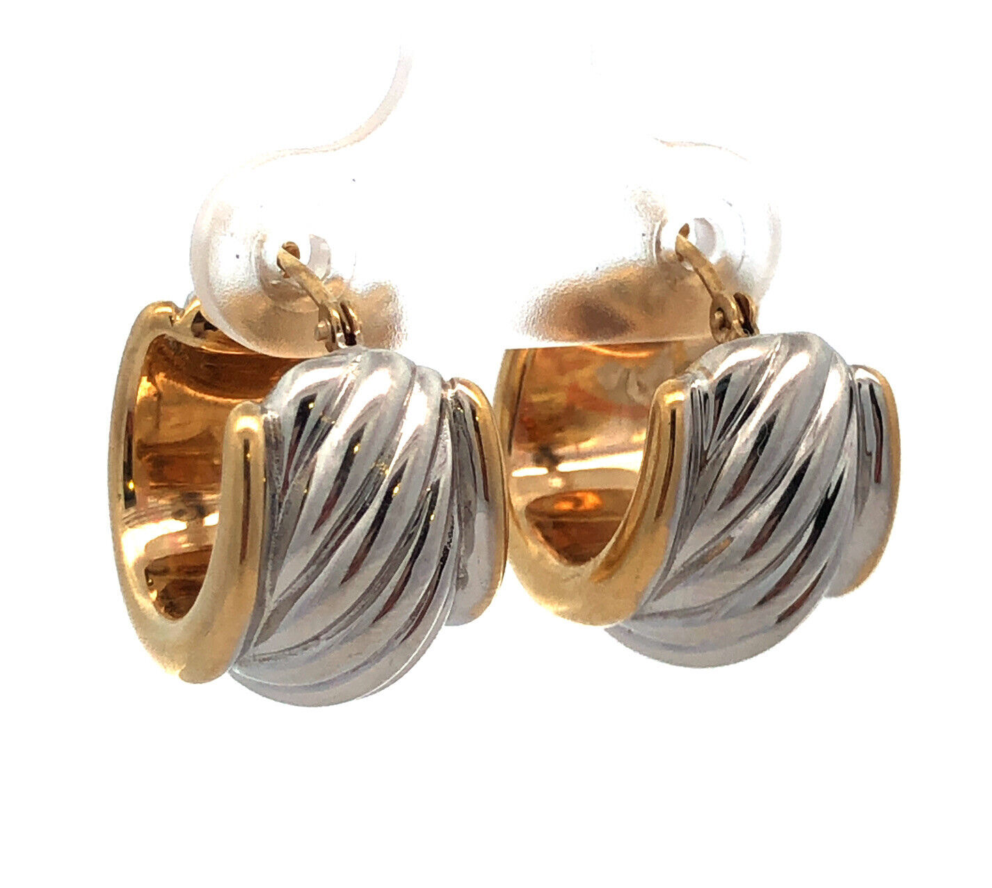 Designer Israel 14K Yellow White Gold Ribbed Two Tone Wide Huggie Hoop Earrings