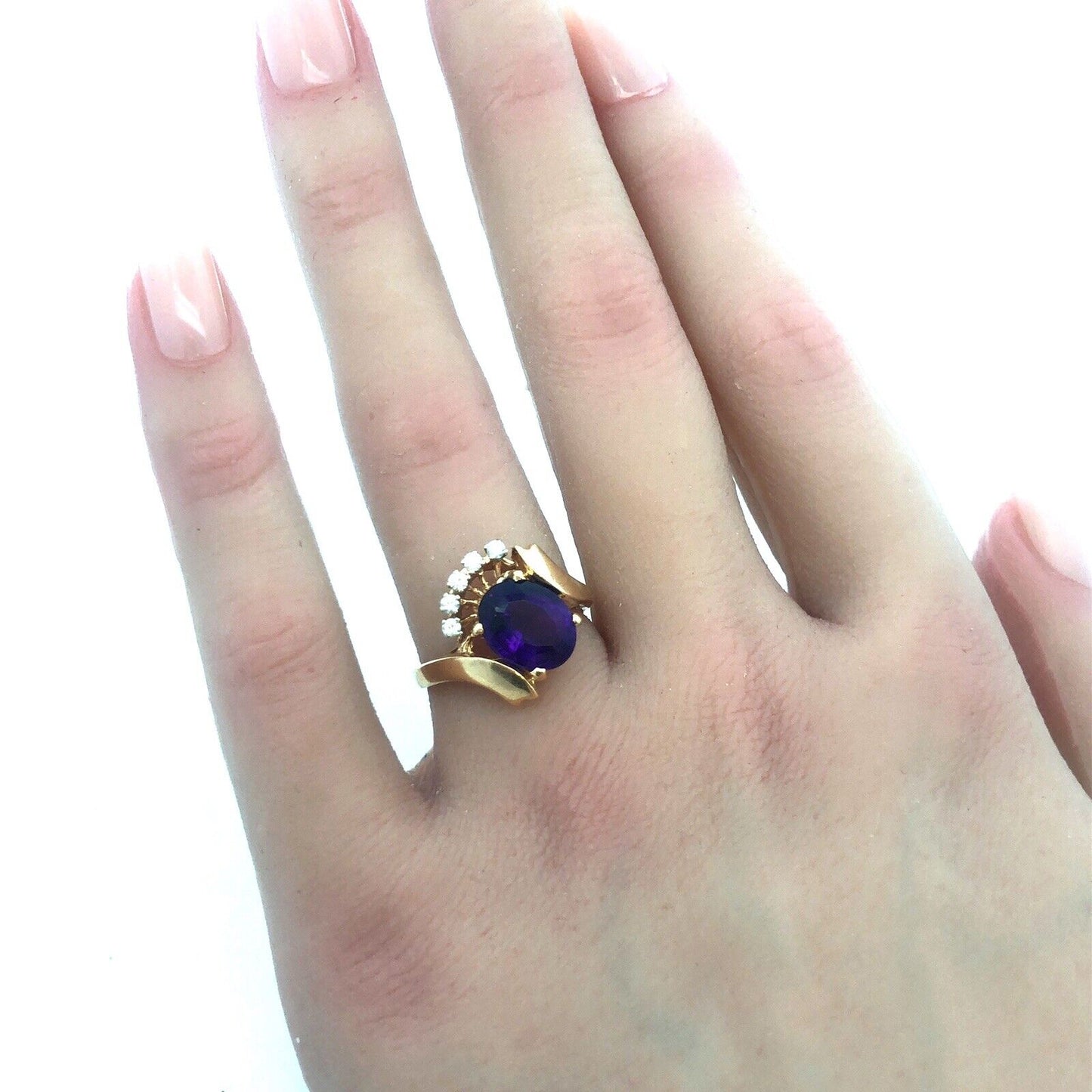 DACG 14k Yellow Gold Oval Cut Amethyst Diamond Crown Bypass Ring Size 6.5