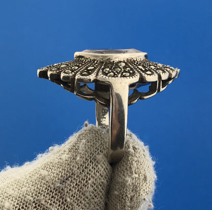 Art Deco Nouveau Sterling Silver 925 Amethyst Marcasite Statement Cocktail Ring