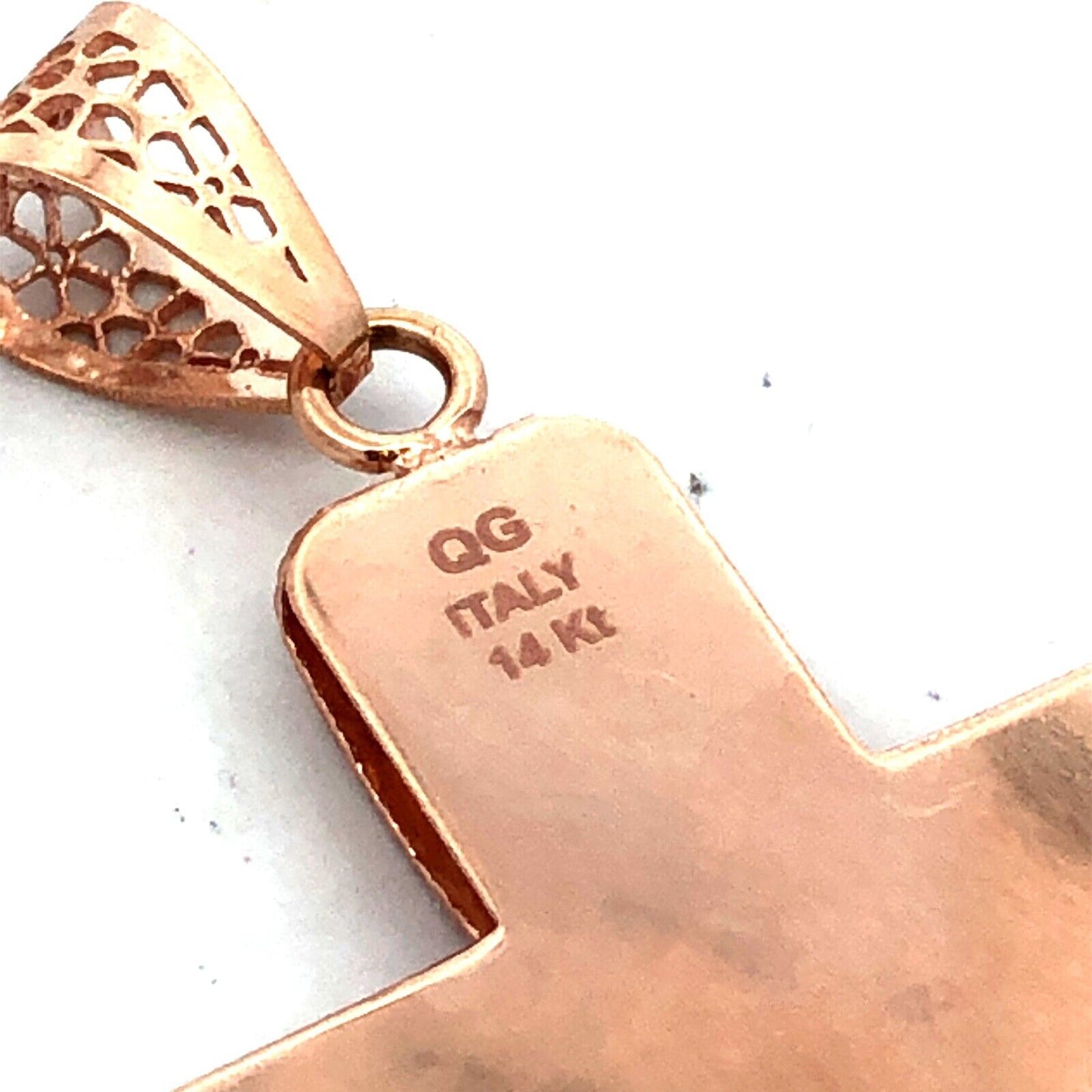 Designer QG Italy 14K Rose Gold Textured Open Work Cross Pendant