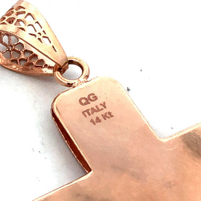 Designer QG Italy 14K Rose Gold Textured Open Work Cross Pendant