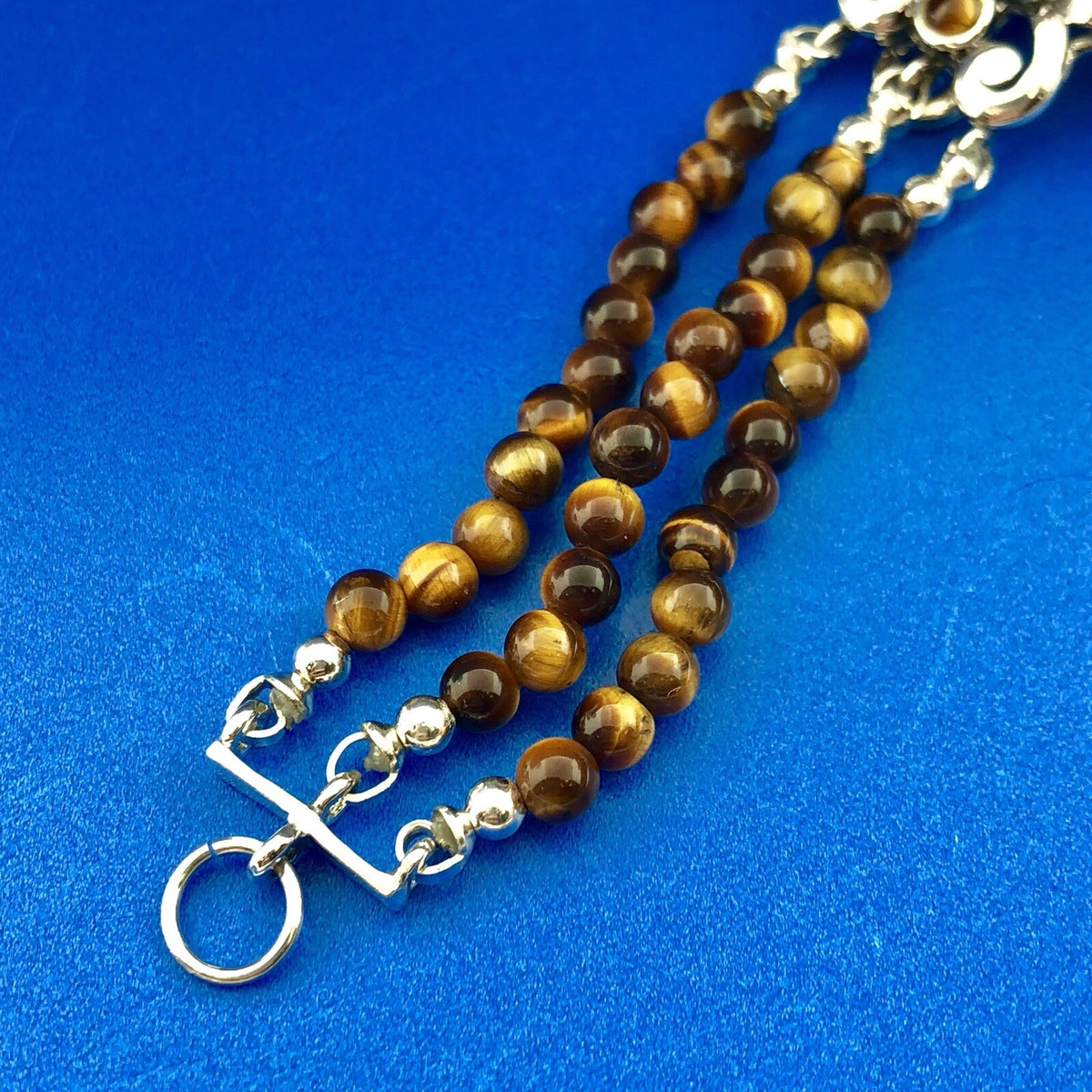 Retro 925 Sterling Silver Tiger Eye Beaded Open Scroll Work Statement Bracelet