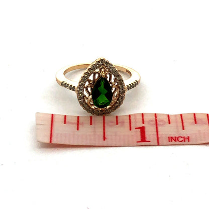 Estate 10K Yellow Gold Pear Cut Emerald Diamond Halo Engagement Ring