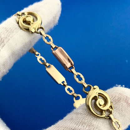 Designer ESEMco Art Deco 10K Yellow Rose Gold Floral Scroll Link Bracelet