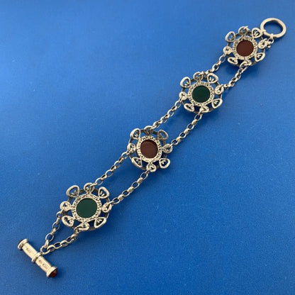 Vintage Italy Sterling Silver Red Carnelian Green Onyx Floral Toggle Bracelet