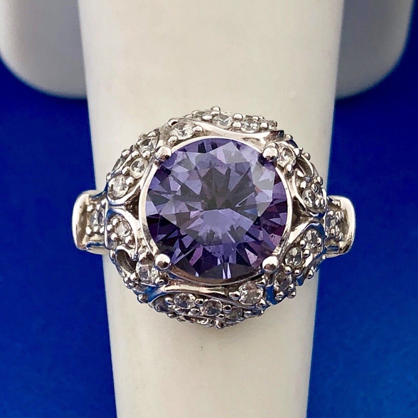 Gorgeous Sterling Silver 925 Purple Spinel Diamond Halo Statement Cocktail Ring