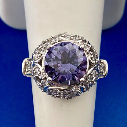 Gorgeous Sterling Silver 925 Purple Spinel Diamond Halo Statement Cocktail Ring
