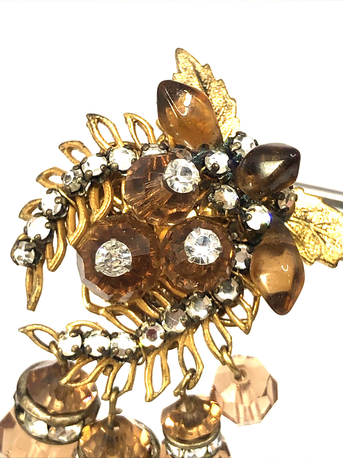 Mid Century Copper Tone Rhinestone Statement Dangle Clip On Stud Earrings