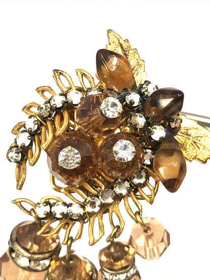 Mid Century Copper Tone Rhinestone Statement Dangle Clip On Stud Earrings